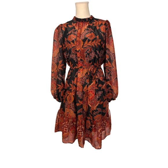 julia jordan Dresses & Skirts - Julia Jordan Dress Metallic Floral Paisley Ruffle Neck Midi Black Orange Size 12